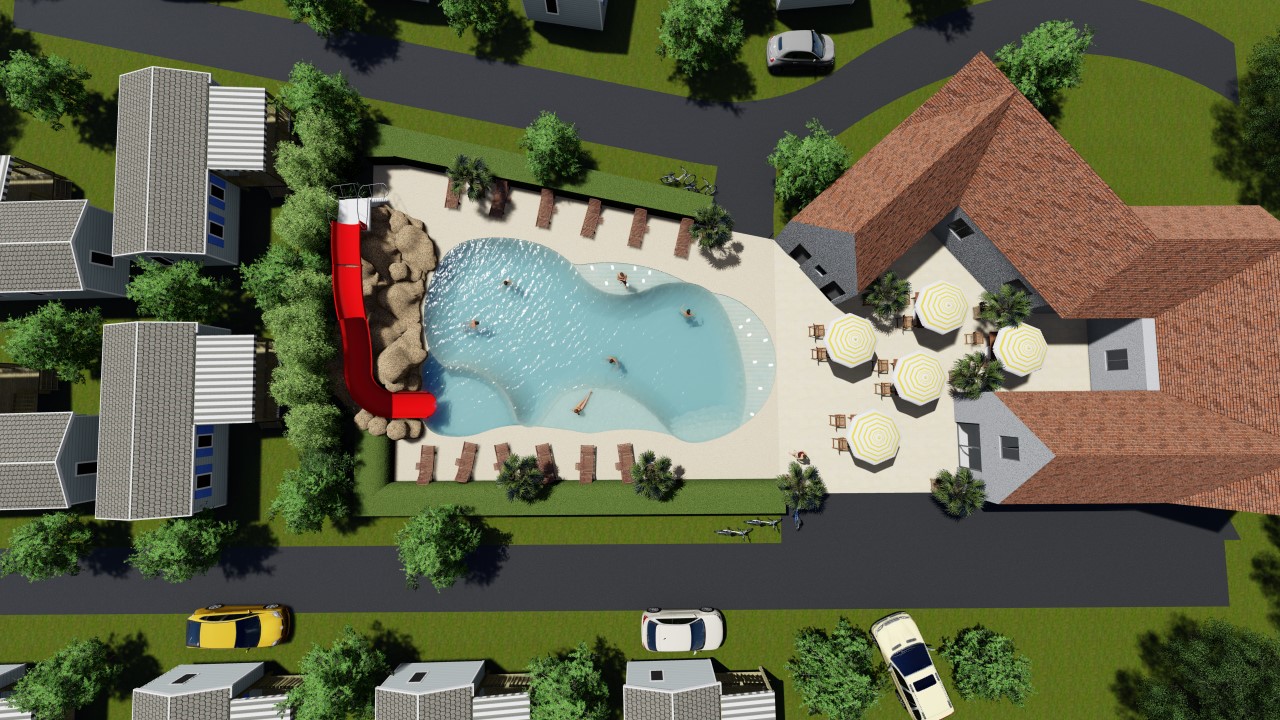 Vue aérienne du rendu 3D du lagon : bassin, plage, toboggan et intégration dans le camping